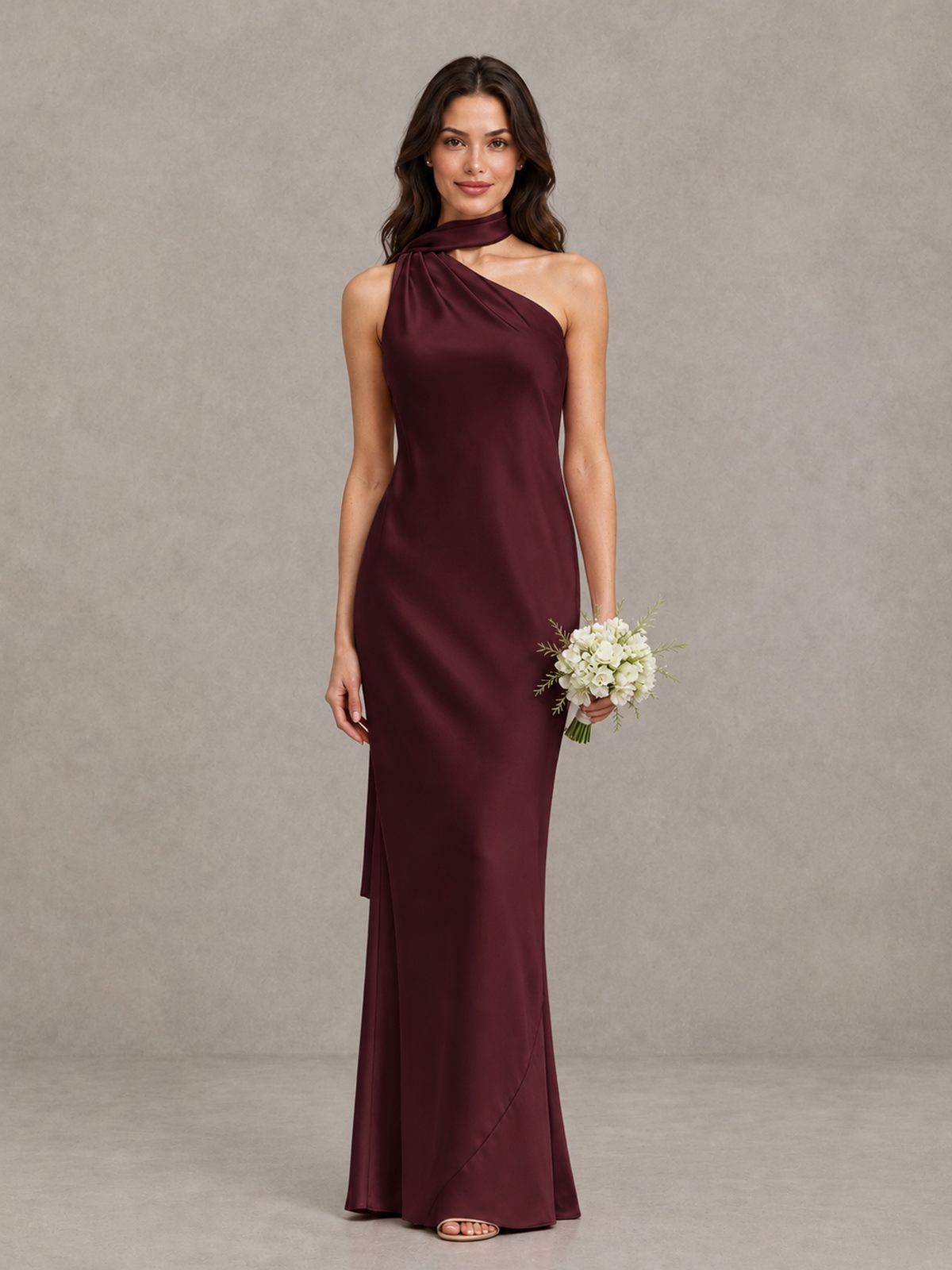 BOLODOO Maroon Satin One-Shoulder Bridesmaid Dress with Open Back - Maroon - Maroon (1)