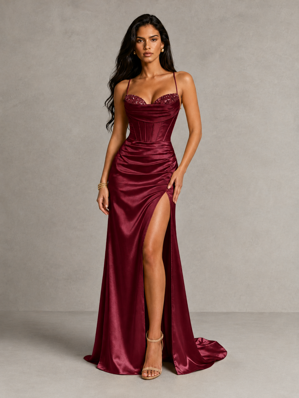 BOLODOO Maroon Satin Corset Prom Dress with High Slit & Lace-Up Back - Maroon - Maroon (1)