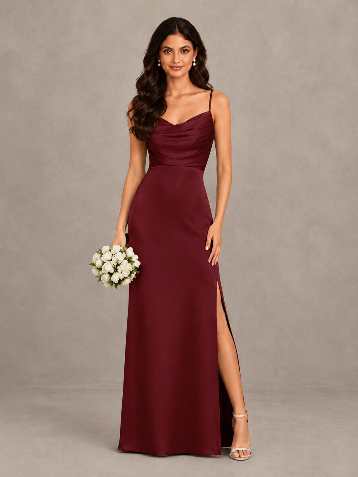 BOLODOO Maroon Cowl Neck Satin Bridesmaid Dress with Slit - Maroon - Maroon (1)