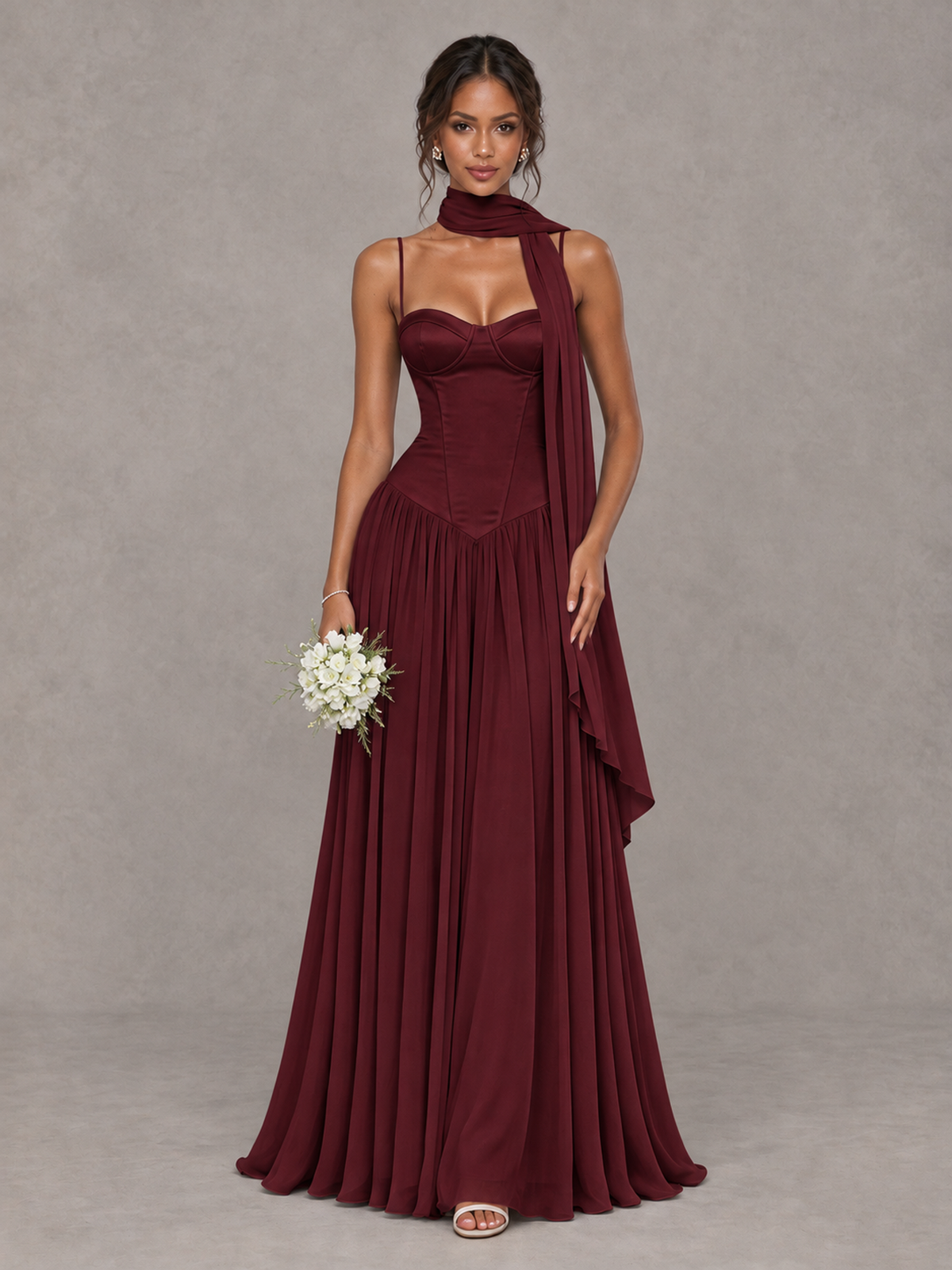 BOLODOO Maroon Corset Bridesmaid Dress with Scarf - Maroon - Maroon (1)