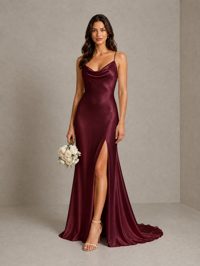 BOLODOO Maroon Satin Cowl Neck Bridesmaid Dress with Open Back & Side Slit - Maroon - Maroon (1)