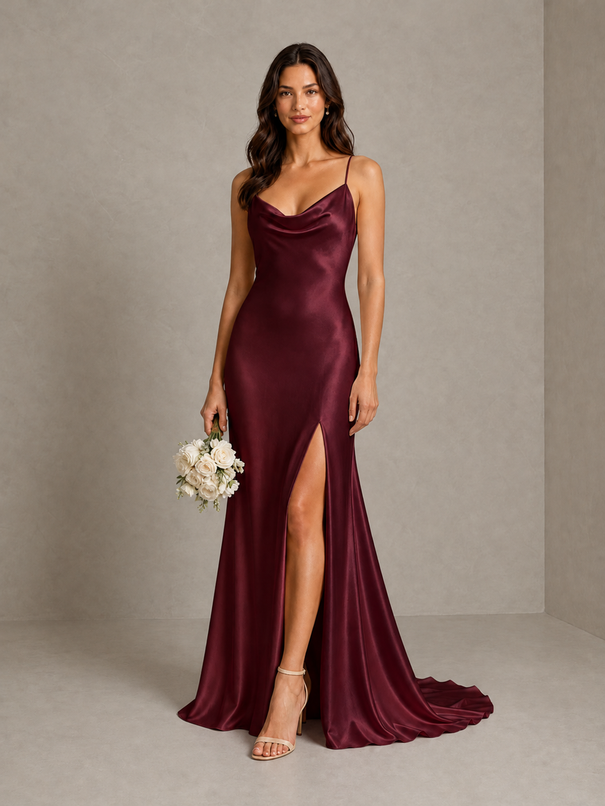 BOLODOO Maroon Satin Cowl Neck Bridesmaid Dress with Open Back & Side Slit - Maroon - Maroon (1)