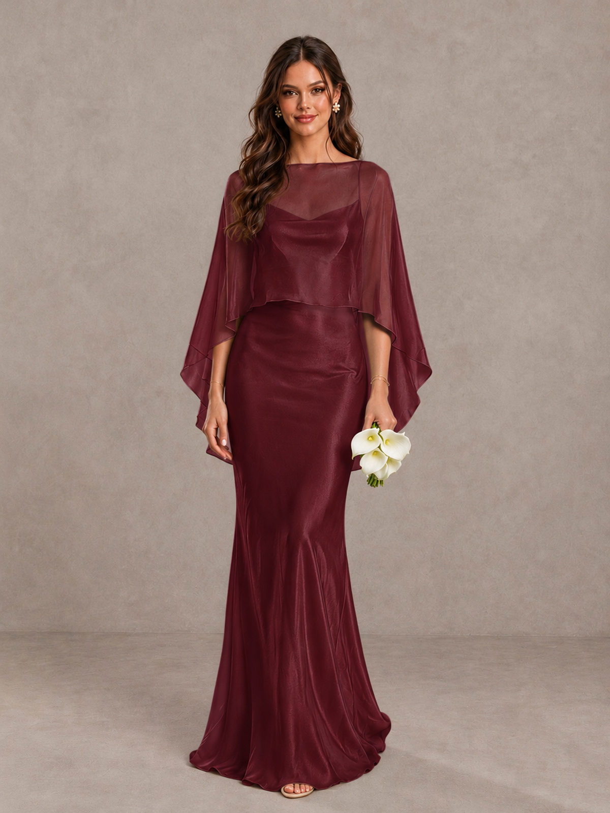 BOLODOO Maroon Satin Mermaid Bridesmaid Dress with Chiffon Cape - Maroon - Maroon (1)