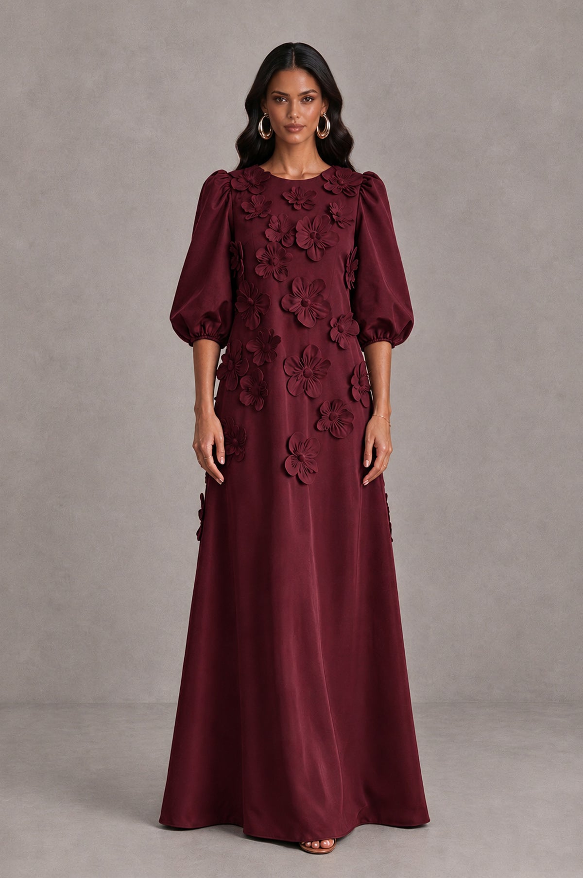 BOLODOO Maroon Floral Applique Puff Sleeve A-Line Evening Dress - Maroon - Maroon (1)