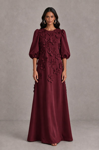 BOLODOO Maroon Floral Applique Puff Sleeve A-Line Evening Dress - Maroon - Maroon (1)