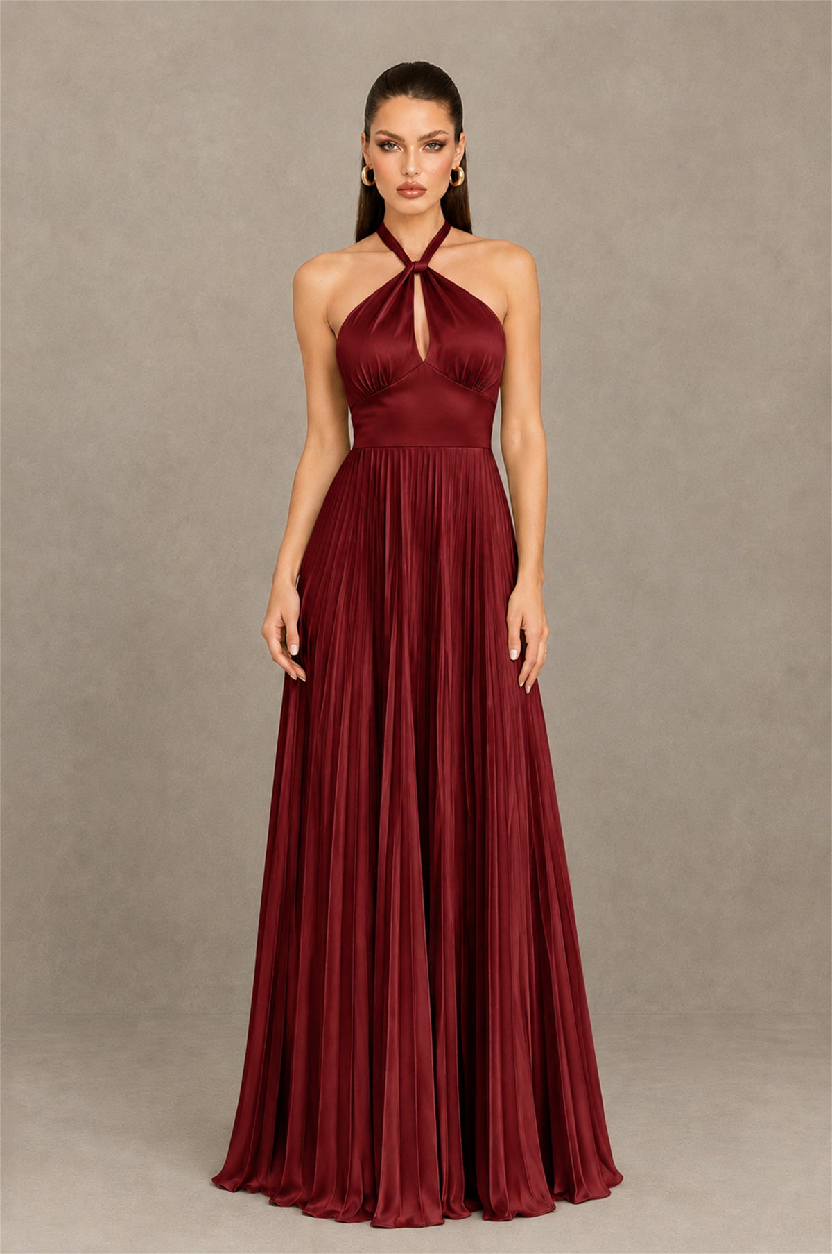 BOLODOO Maroon Halter Pleated A-Line Evening Dress - Maroon