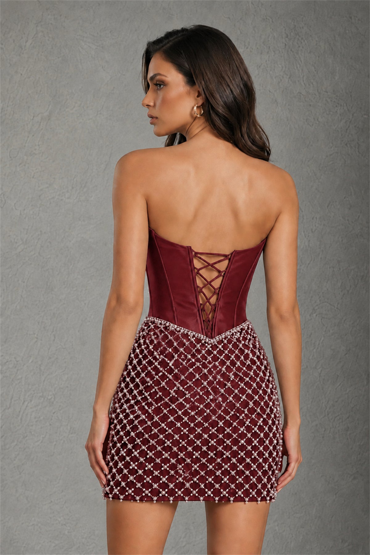 BOLODOO Maroon Strapless Boned Corset Mini Dress Maroon Geometric Beaded Skirt Lace-Up Back BD0355 - Maroon