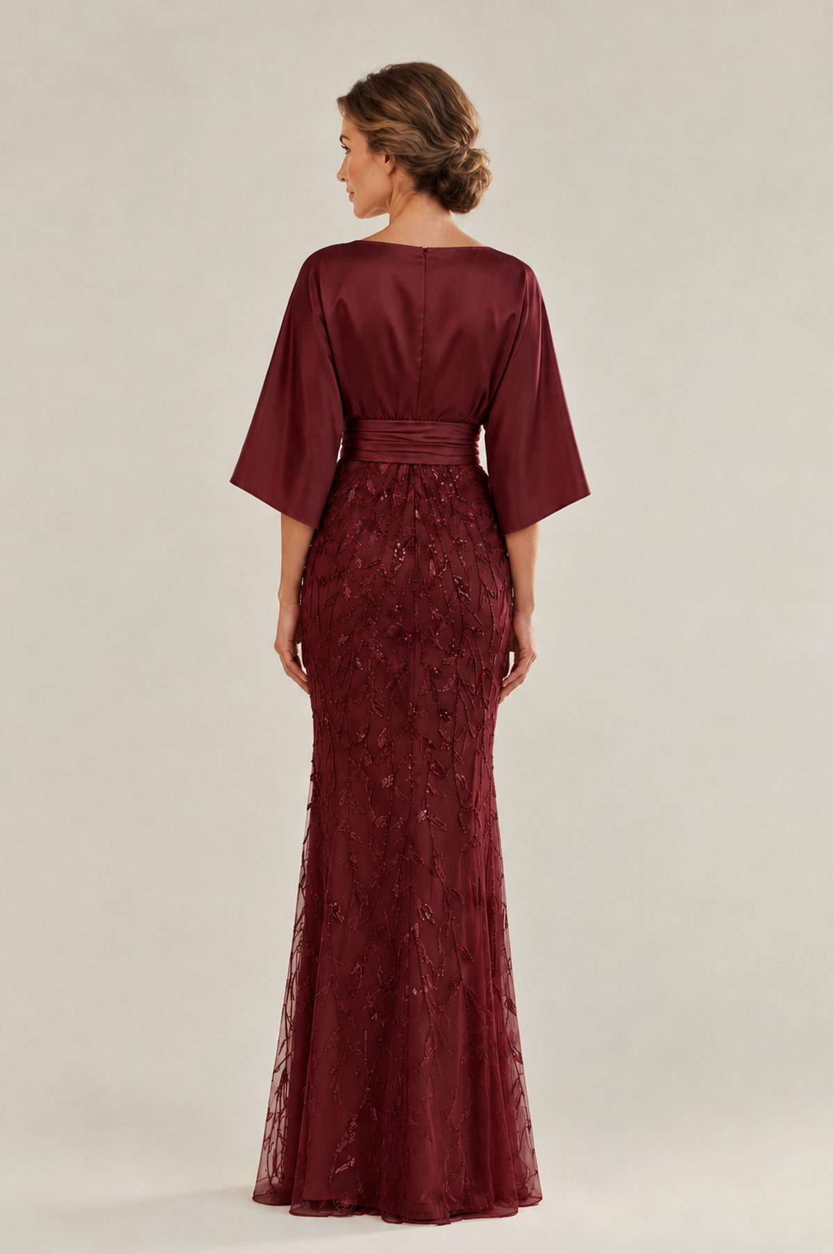 BOLODOO Maroon Mother of the Bride Dress with Kimono Sleeves, Satin Bodice & Sequin Embroidered Mermaid Floor-Length Gown - Maroon - Maroon (2)