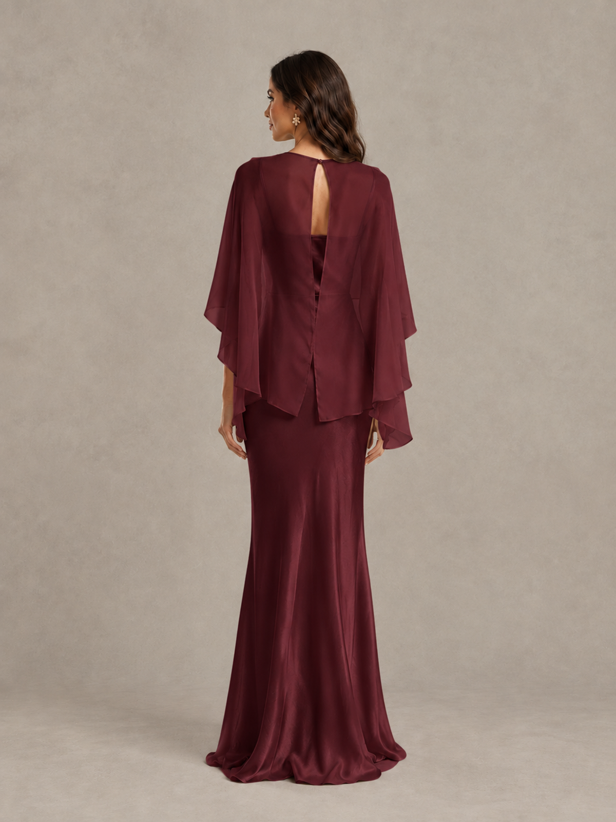 BOLODOO Maroon Satin Mermaid Bridesmaid Dress with Chiffon Cape - Maroon - Maroon (2)