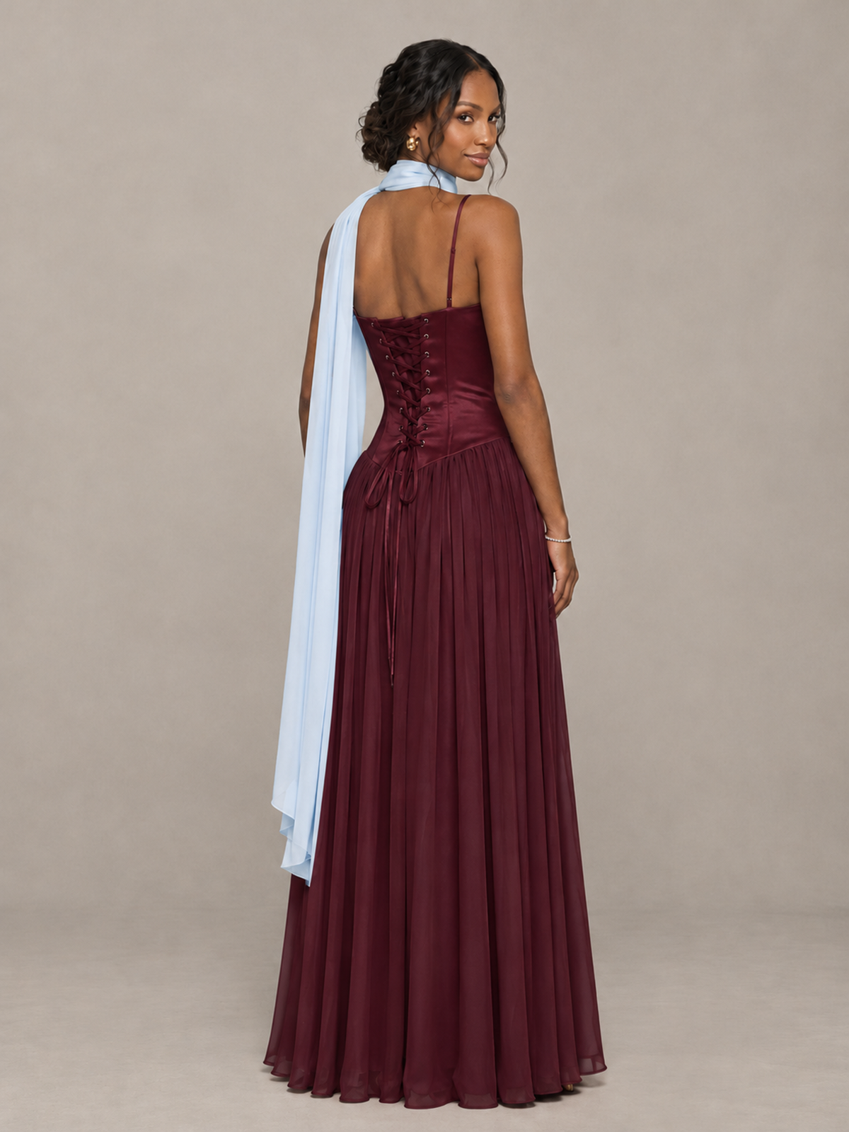 BOLODOO Maroon Corset Bridesmaid Dress with Scarf - Maroon - Maroon (2)