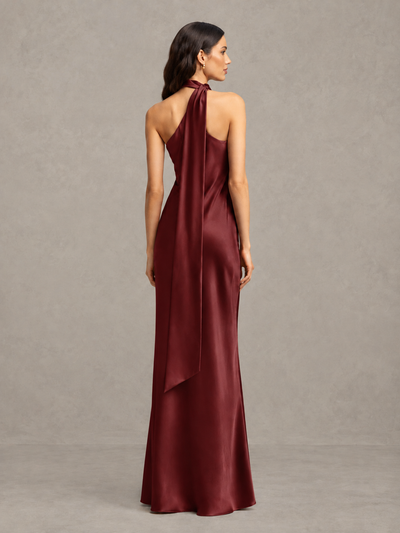 BOLODOO Maroon Satin One-Shoulder Bridesmaid Dress with Open Back - Maroon - Maroon (2)