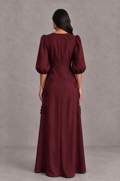 BOLODOO Maroon Floral Applique Puff Sleeve A-Line Evening Dress - Maroon - Maroon (2)