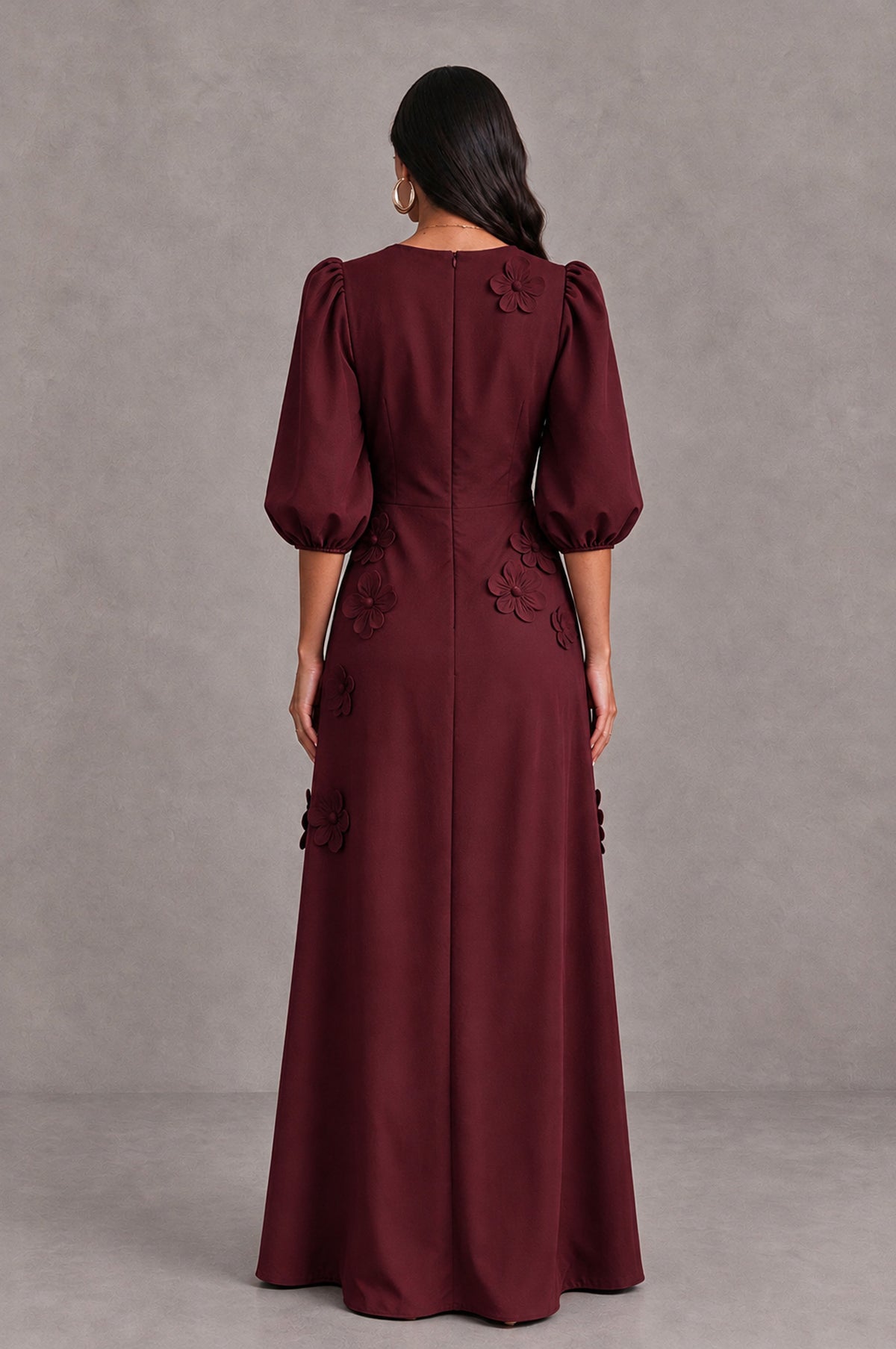 BOLODOO Maroon Floral Applique Puff Sleeve A-Line Evening Dress - Maroon - Maroon (2)