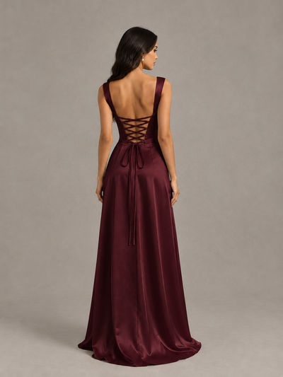 BOLODOO Maroon Satin Lace-Up Bridesmaid Dress with Slit - Maroon - Maroon (2)