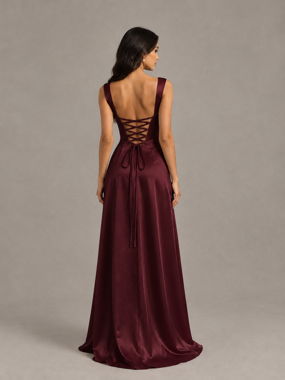 BOLODOO Maroon Satin Lace-Up Bridesmaid Dress with Slit - Maroon - Maroon (2)