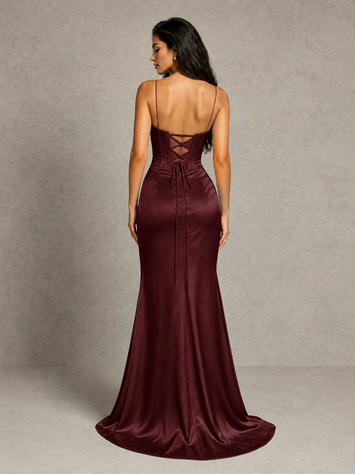 BOLODOO Maroon Satin Corset Prom Dress with High Slit & Lace-Up Back - Maroon - Maroon (2)