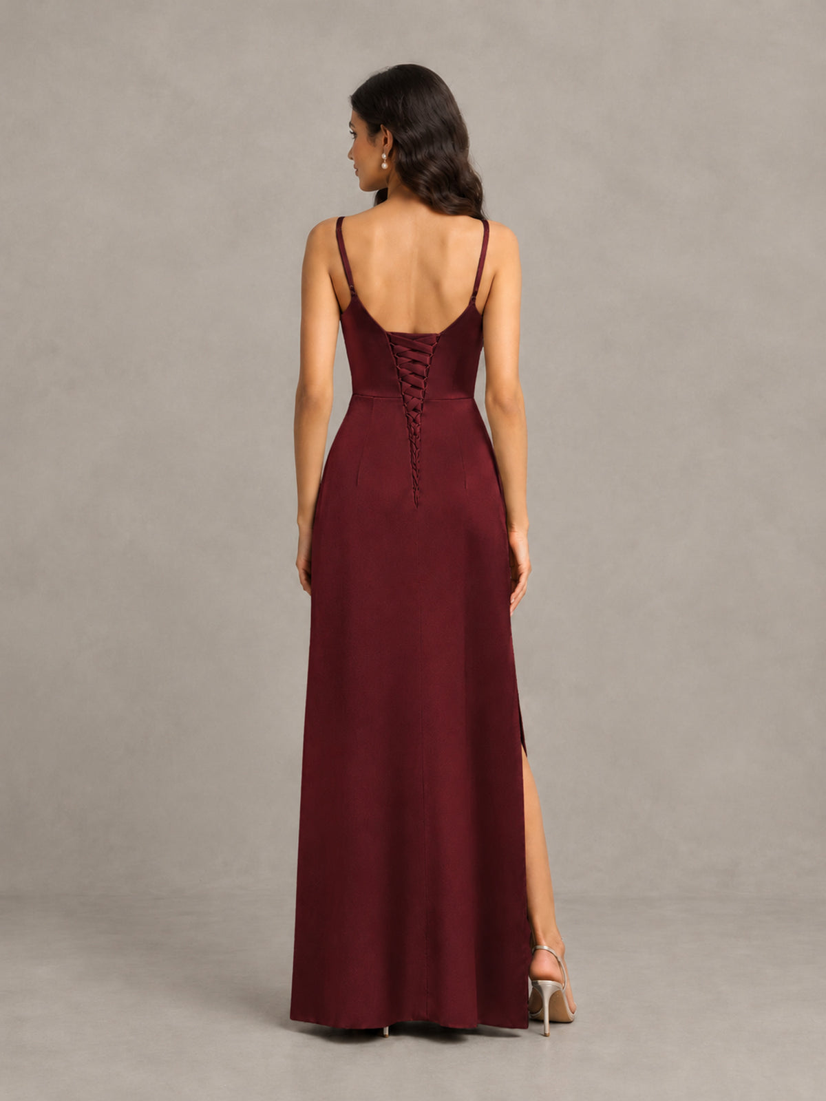 BOLODOO Maroon Cowl Neck Satin Bridesmaid Dress with Slit - Maroon - Maroon (2)