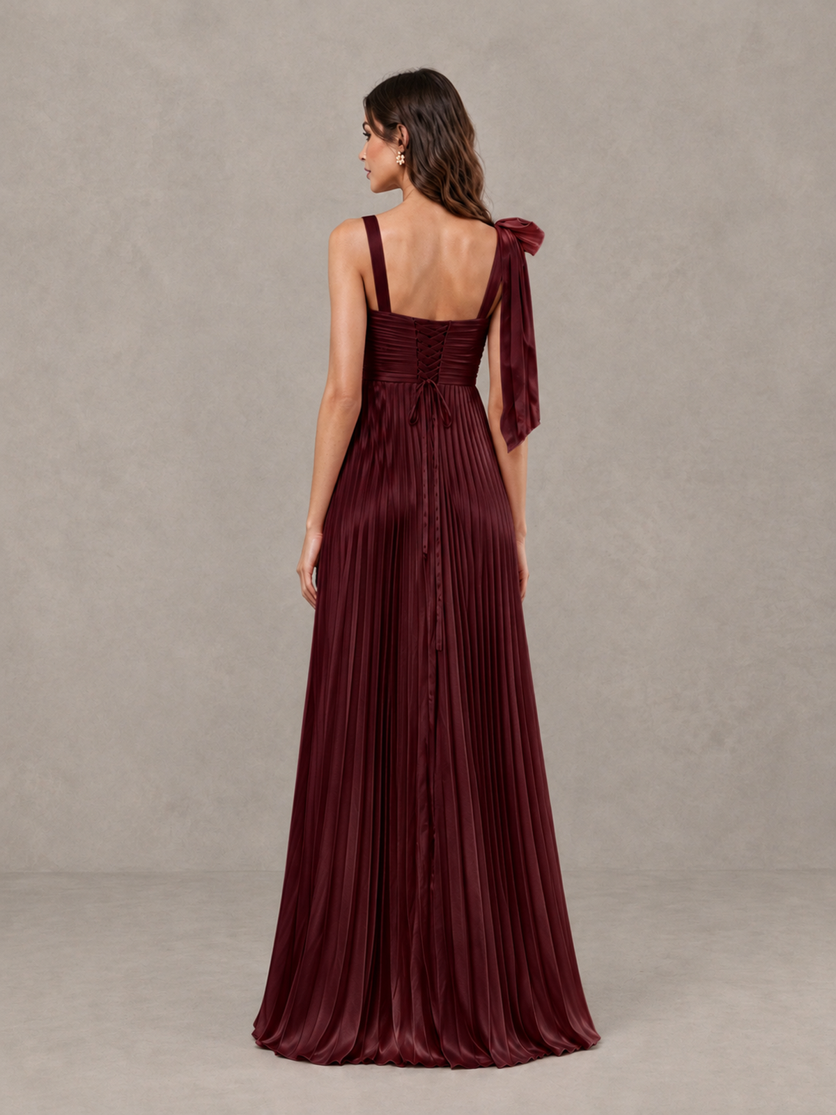 BOLODOO Maroon Pleated Bow-Strap Bridesmaid Maxi Dress - Maroon - Maroon (2)