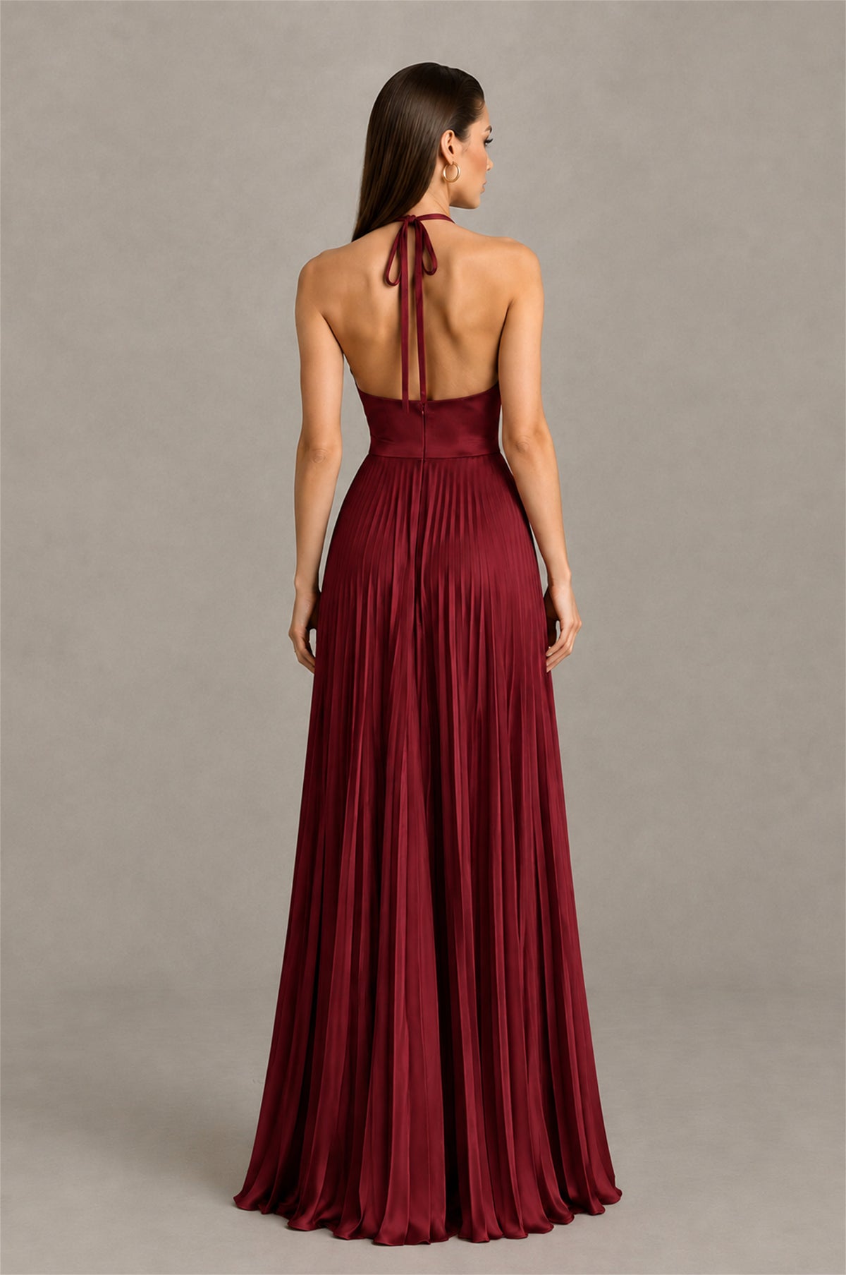 BOLODOO Maroon Halter Pleated A-Line Evening Dress - Maroon