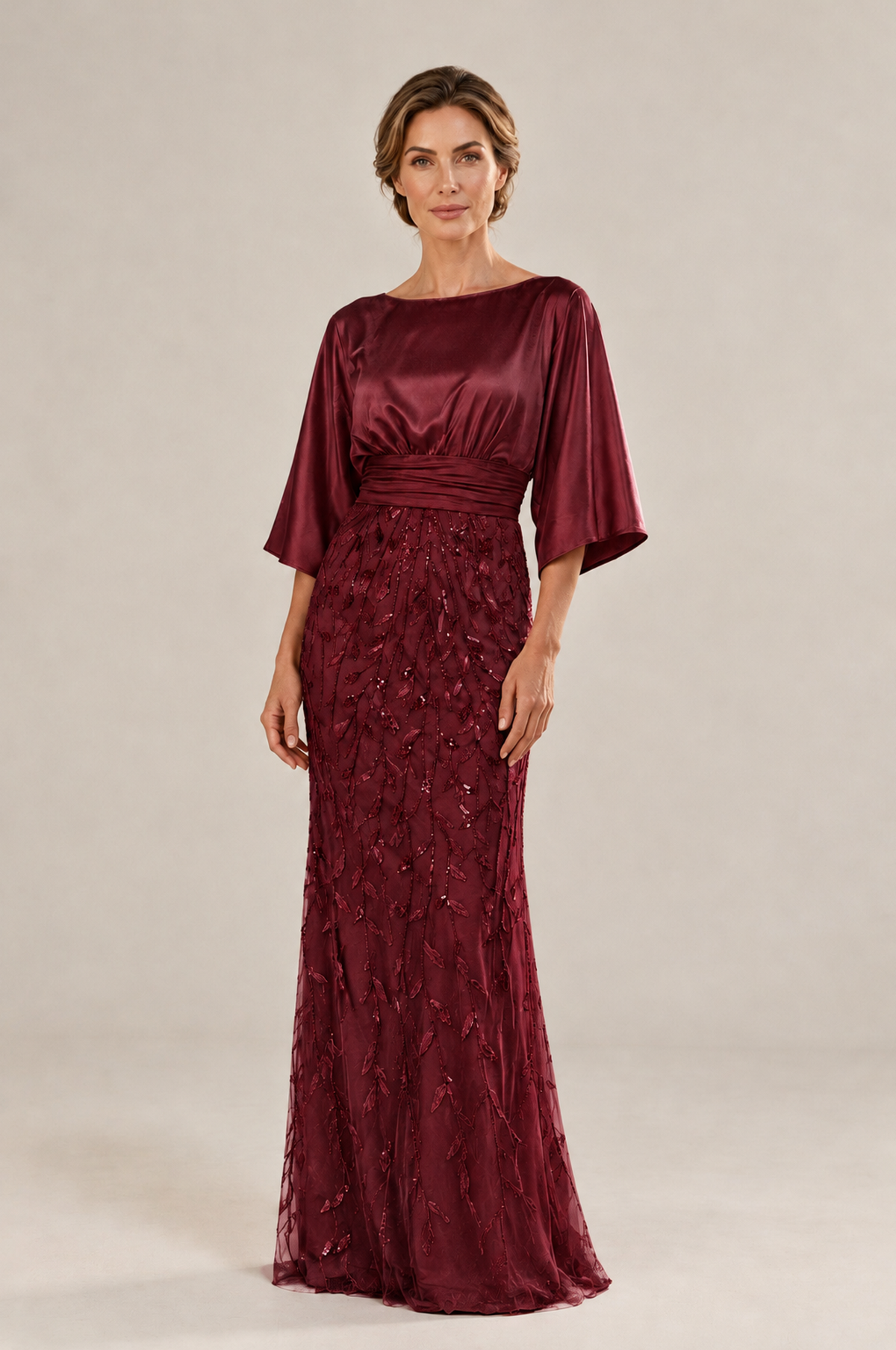 BOLODOO Maroon Mother of the Bride Dress with Kimono Sleeves, Satin Bodice & Sequin Embroidered Mermaid Floor-Length Gown - Maroon - Maroon (3)