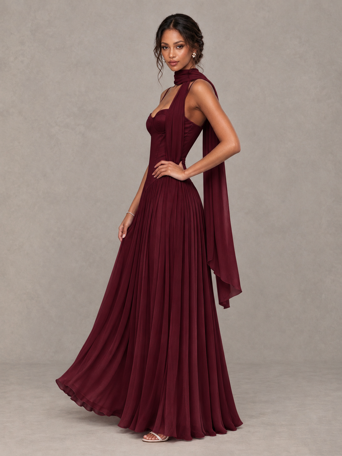 BOLODOO Maroon Corset Bridesmaid Dress with Scarf - Maroon - Maroon (3)