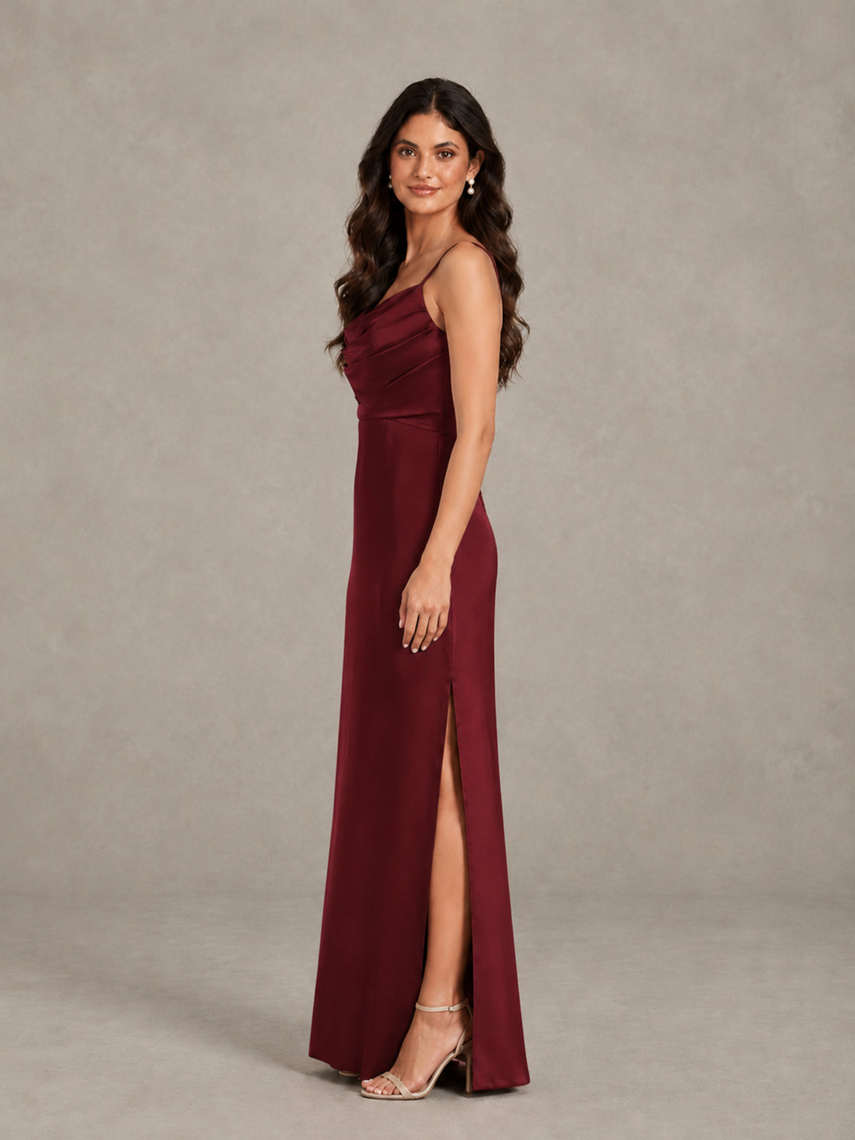 BOLODOO Maroon Cowl Neck Satin Bridesmaid Dress with Slit - Maroon - Maroon (3)