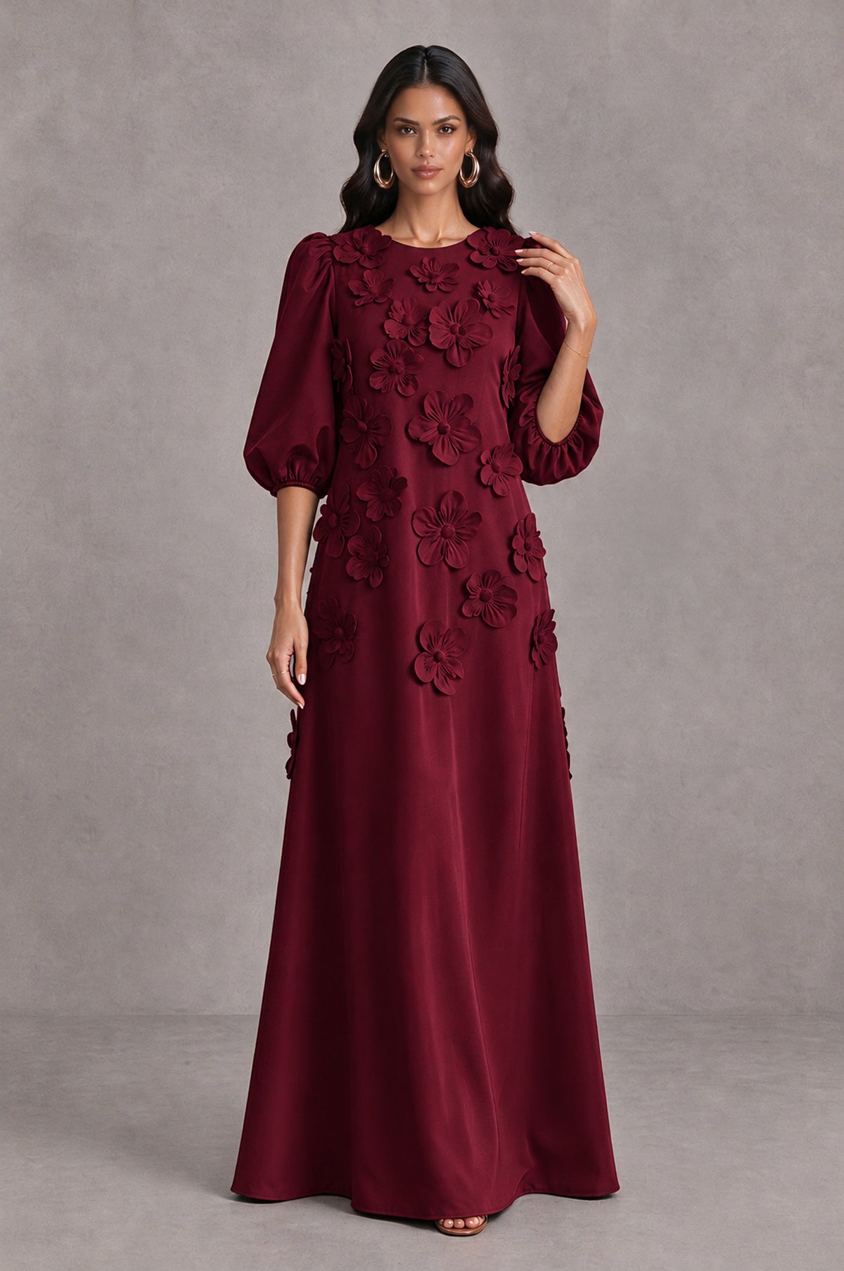 BOLODOO Maroon Floral Applique Puff Sleeve A-Line Evening Dress - Maroon - Maroon (3)