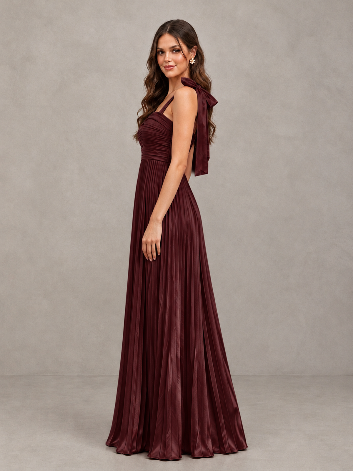 BOLODOO Maroon Pleated Bow-Strap Bridesmaid Maxi Dress - Maroon - Maroon (3)