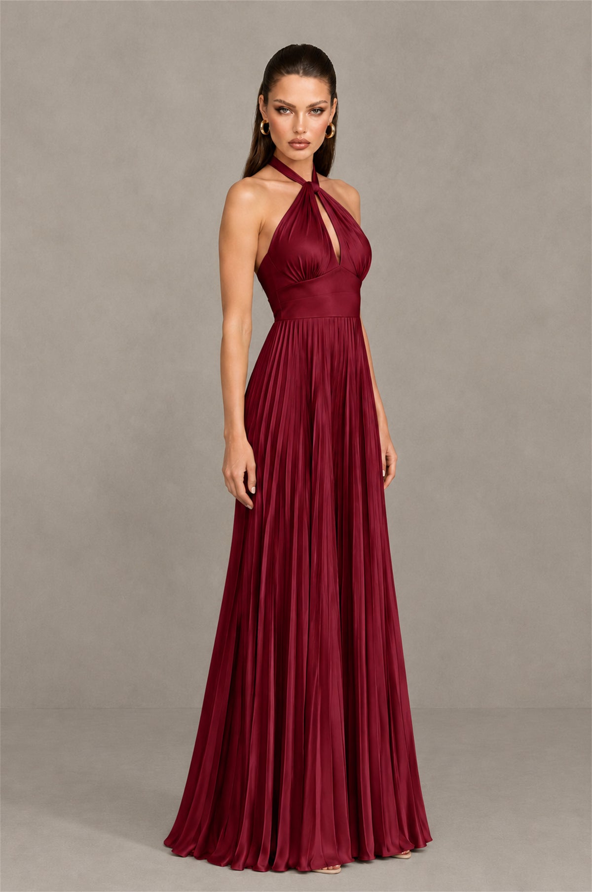 BOLODOO Maroon Halter Pleated A-Line Evening Dress - Maroon