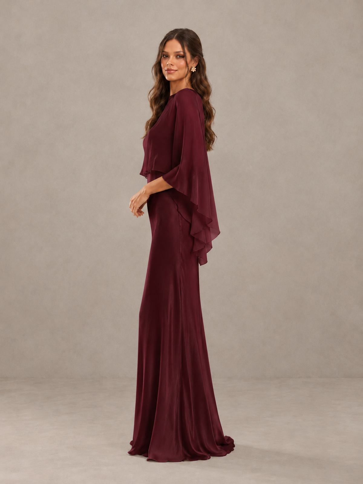 BOLODOO Maroon Satin Mermaid Bridesmaid Dress with Chiffon Cape - Maroon - Maroon (3)