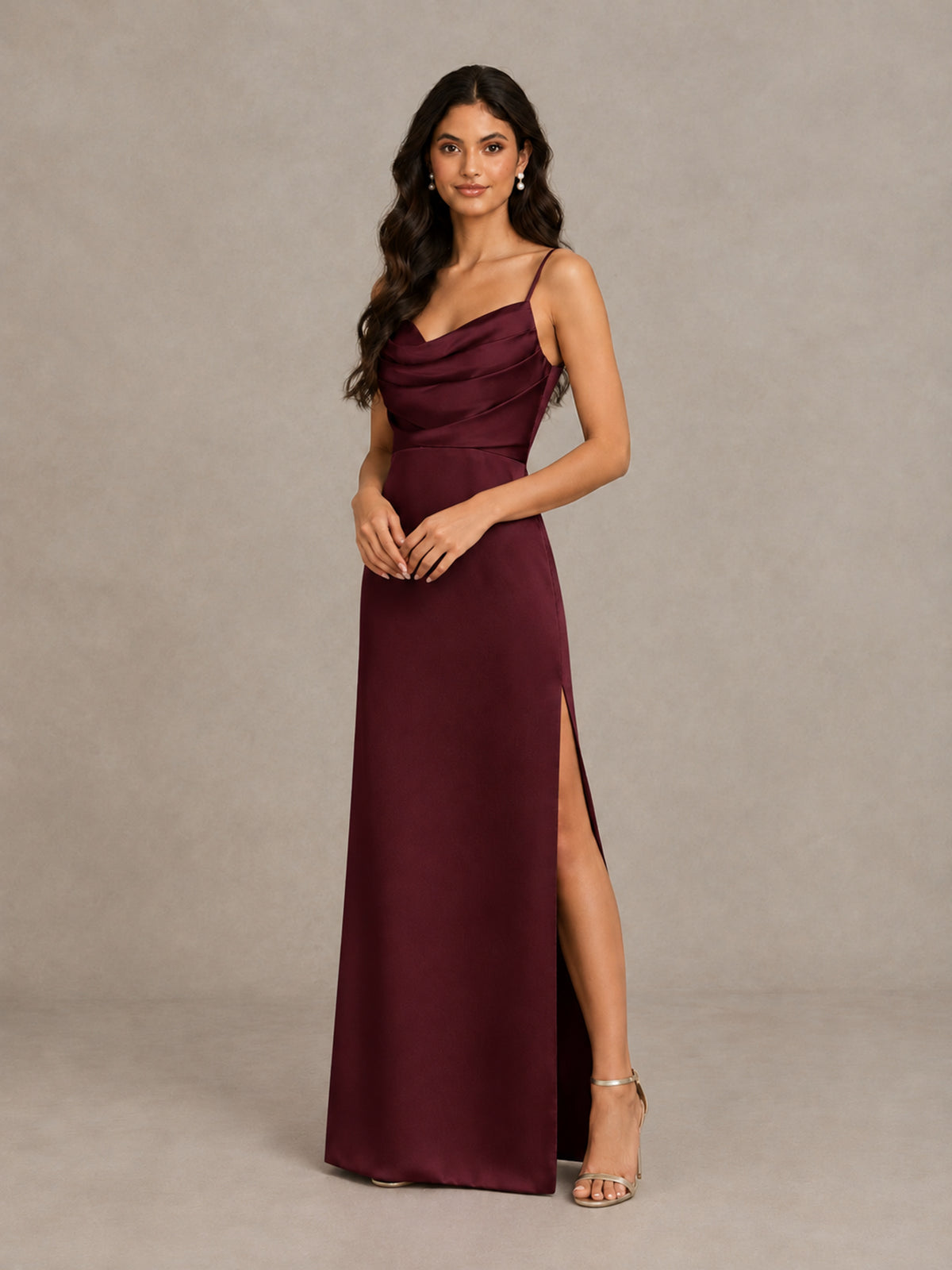 BOLODOO Maroon Cowl Neck Satin Bridesmaid Dress with Slit - Maroon - Maroon (4)