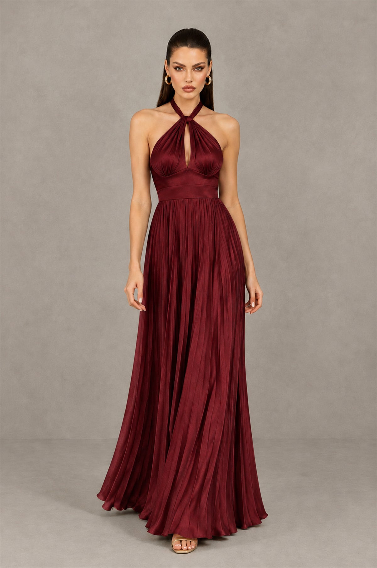 BOLODOO Maroon Halter Pleated A-Line Evening Dress - Maroon