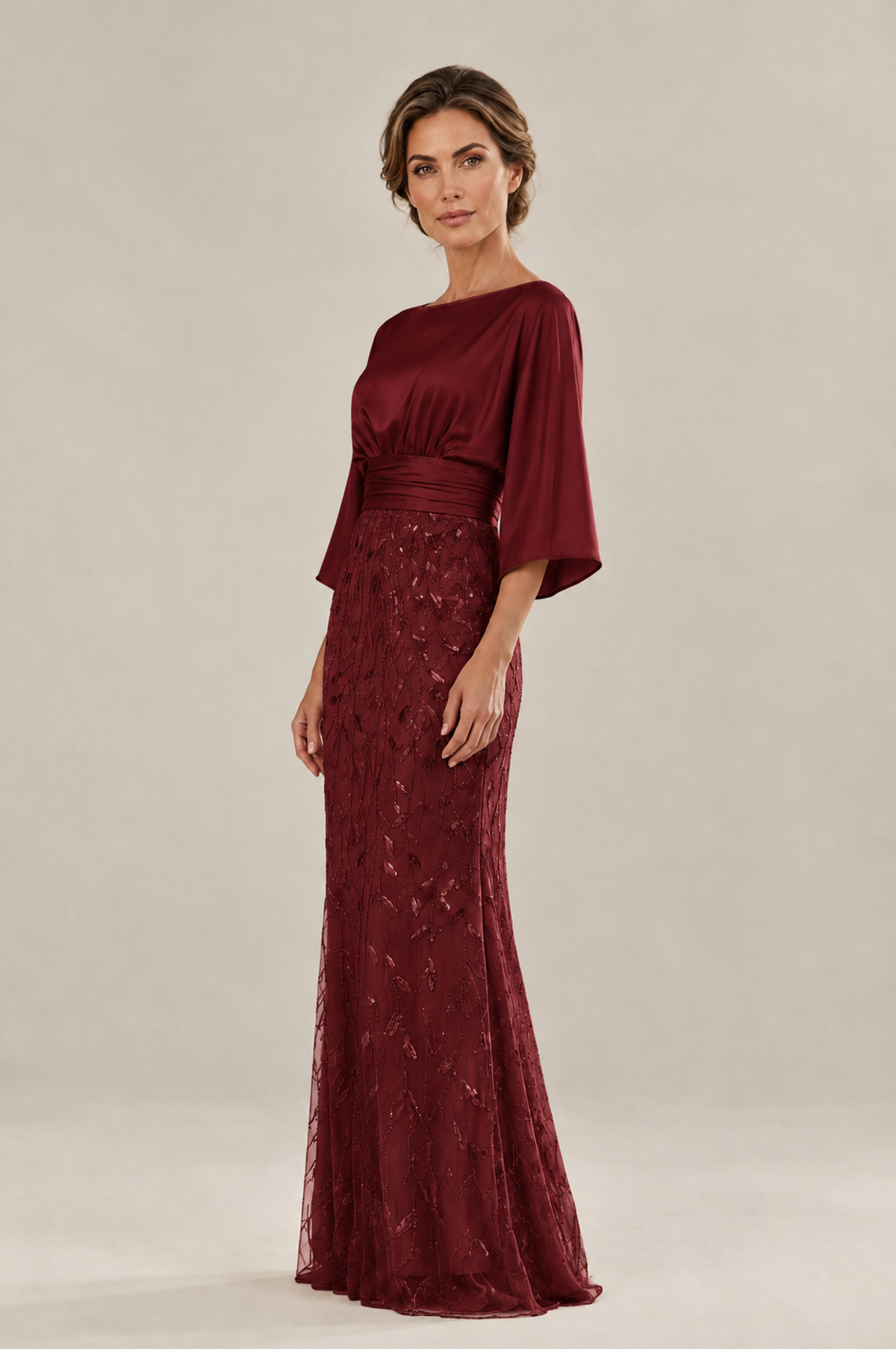 BOLODOO Maroon Mother of the Bride Dress with Kimono Sleeves, Satin Bodice & Sequin Embroidered Mermaid Floor-Length Gown - Maroon - Maroon (4)