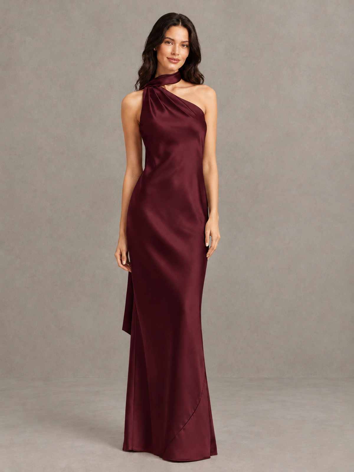BOLODOO Maroon Satin One-Shoulder Bridesmaid Dress with Open Back - Maroon - Maroon (4)
