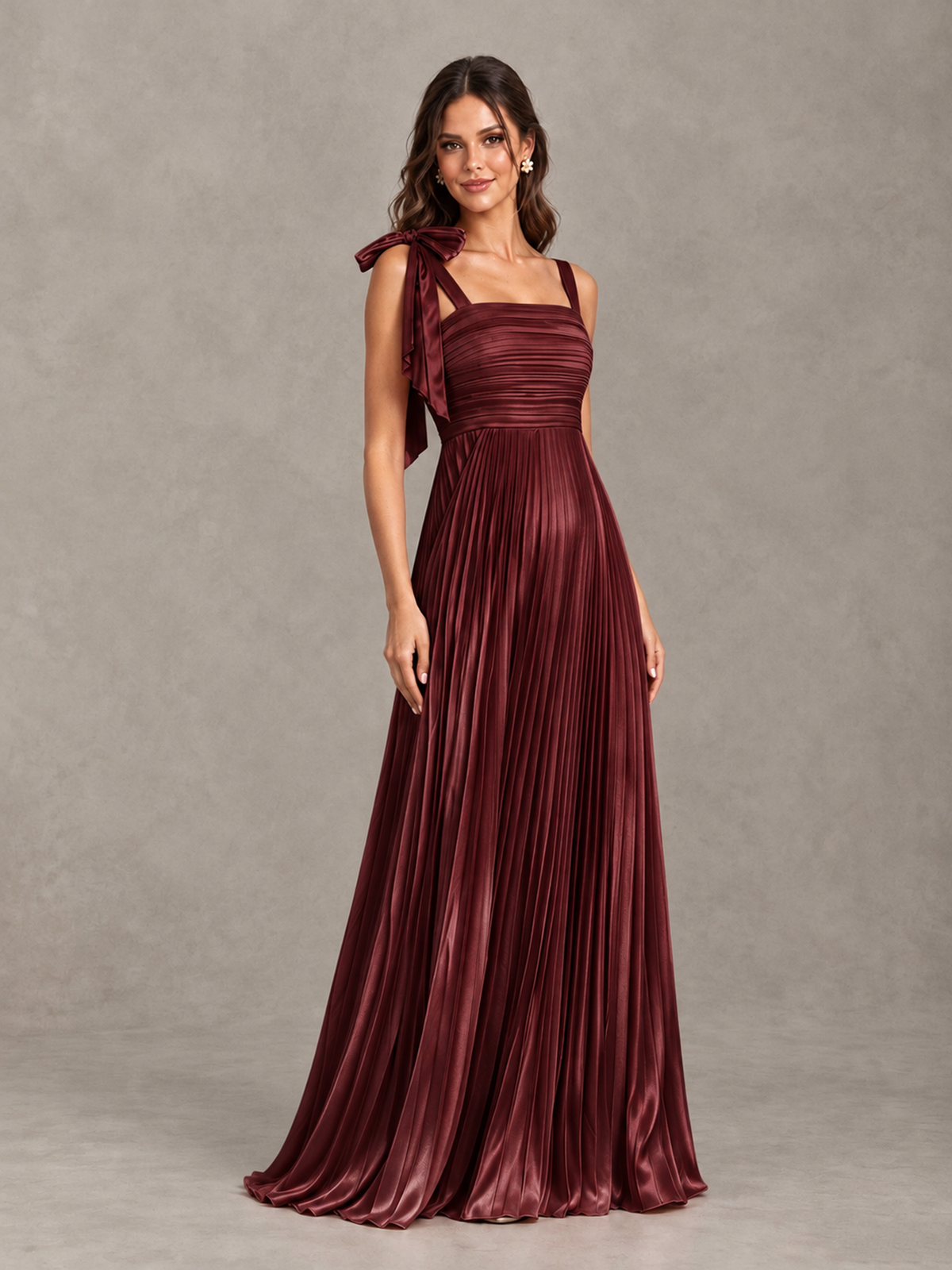 BOLODOO Maroon Pleated Bow-Strap Bridesmaid Maxi Dress - Maroon - Maroon (4)