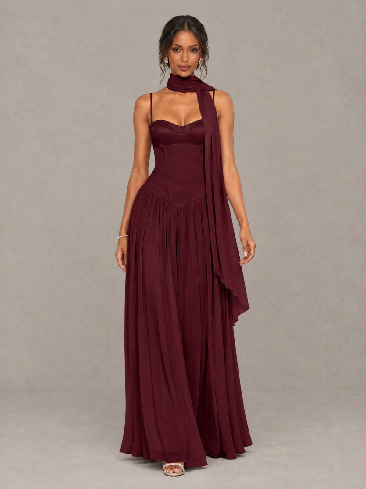 BOLODOO Maroon Corset Bridesmaid Dress with Scarf - Maroon - Maroon (4)