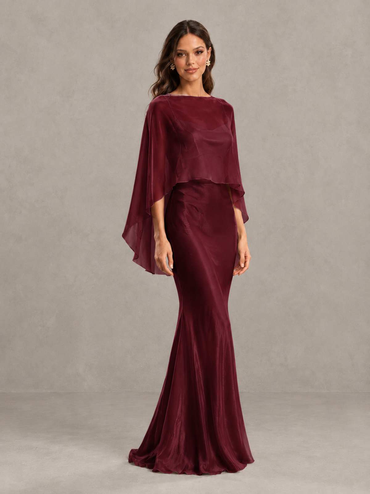 BOLODOO Maroon Satin Mermaid Bridesmaid Dress with Chiffon Cape - Maroon - Maroon (4)