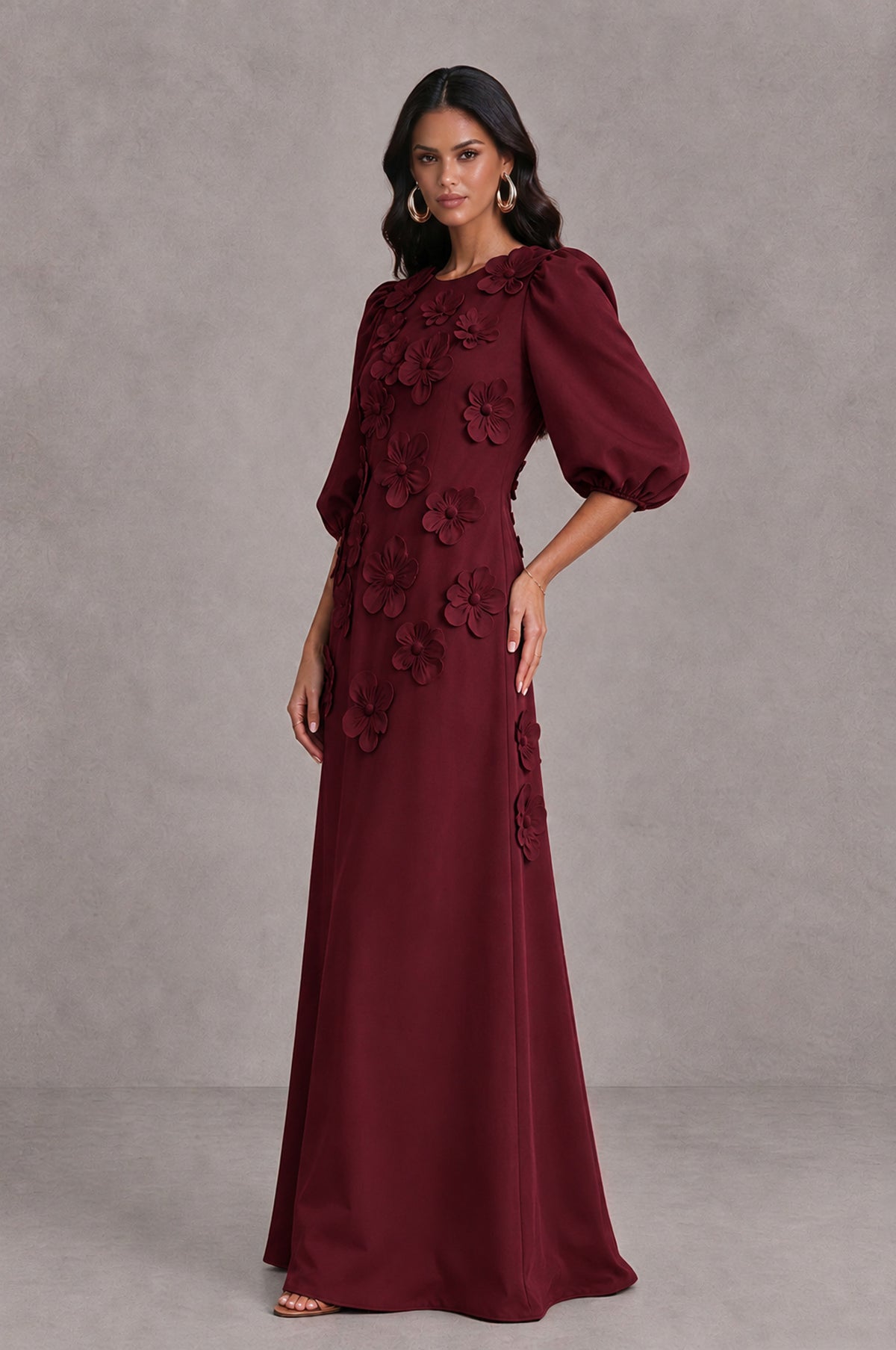 BOLODOO Maroon Floral Applique Puff Sleeve A-Line Evening Dress - Maroon - Maroon (4)