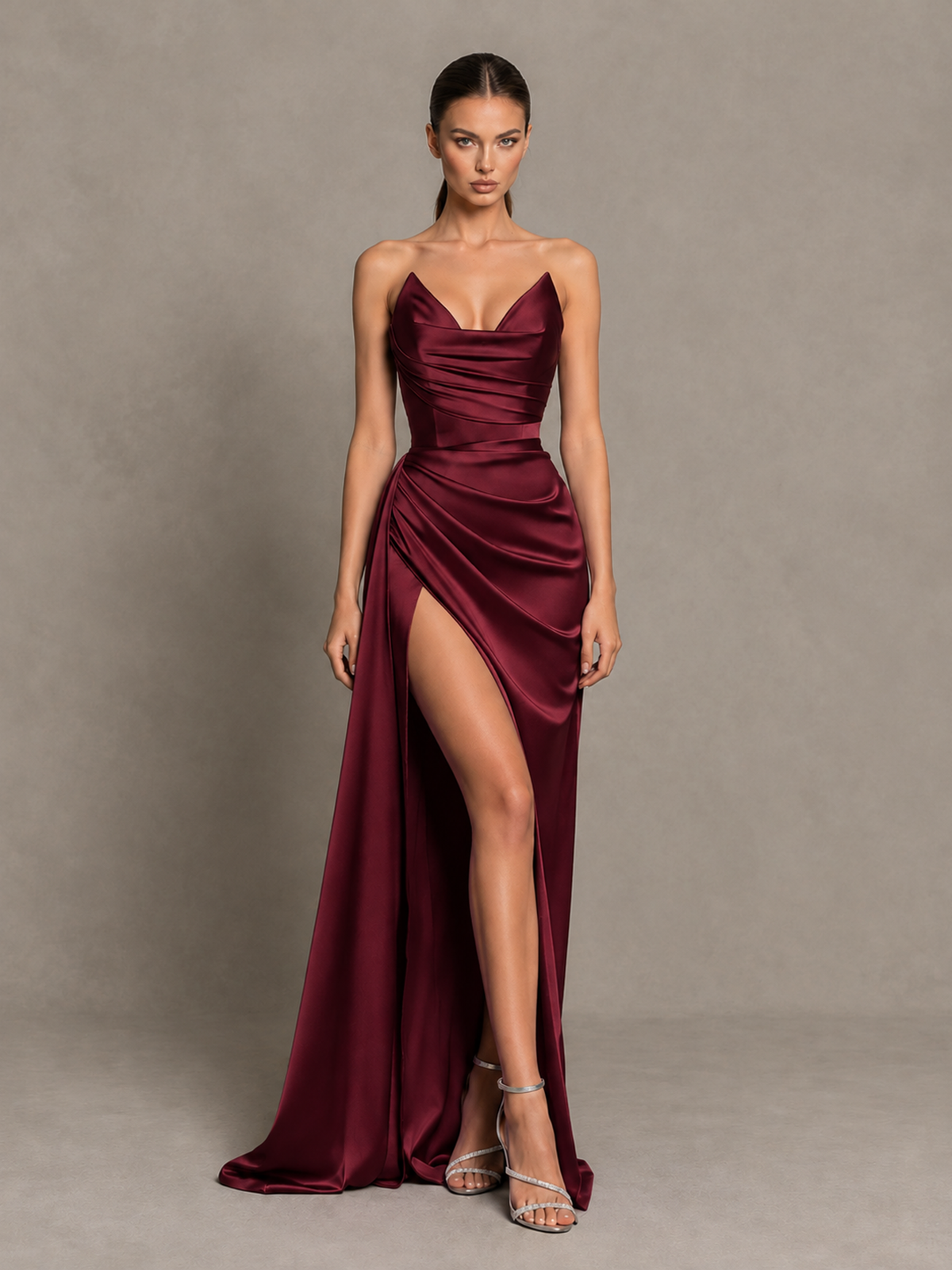 BOLODOO Maroon Strapless Satin High-Slit Lace-Up Prom Dress 