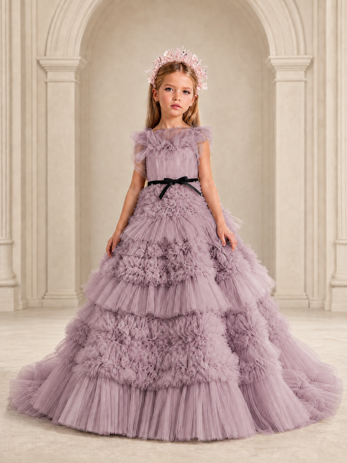 BOLODOO Mauve Tiered Tulle Flower Girl Dress with Floral Appliques - Mauve - Mauve_1