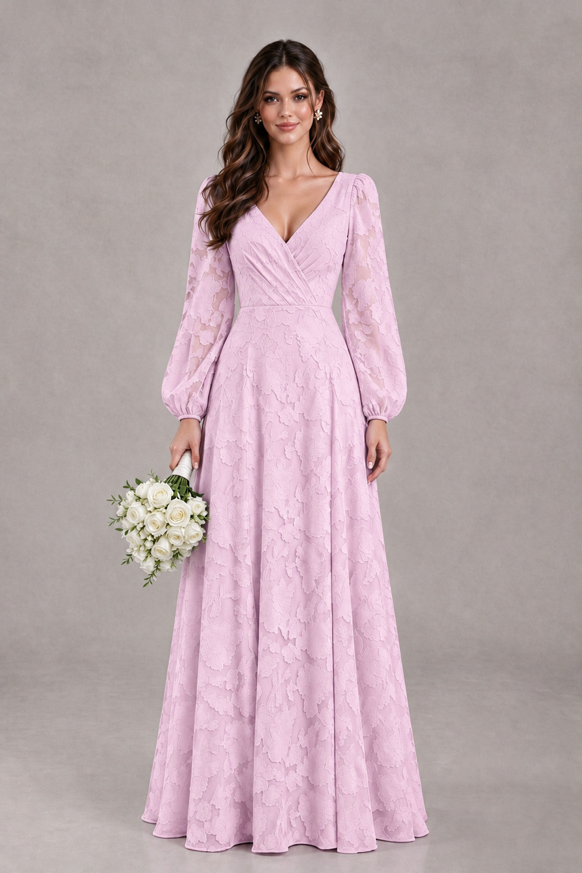 BOLODOO Mauve Long Sleeve V-Neck A-Line Mother of the Bride Dress - Mauve - Mauve_1