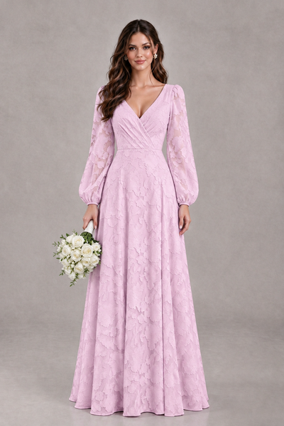 BOLODOO Mauve Long Sleeve V-Neck A-Line Mother of the Bride Dress - Mauve - Mauve_1