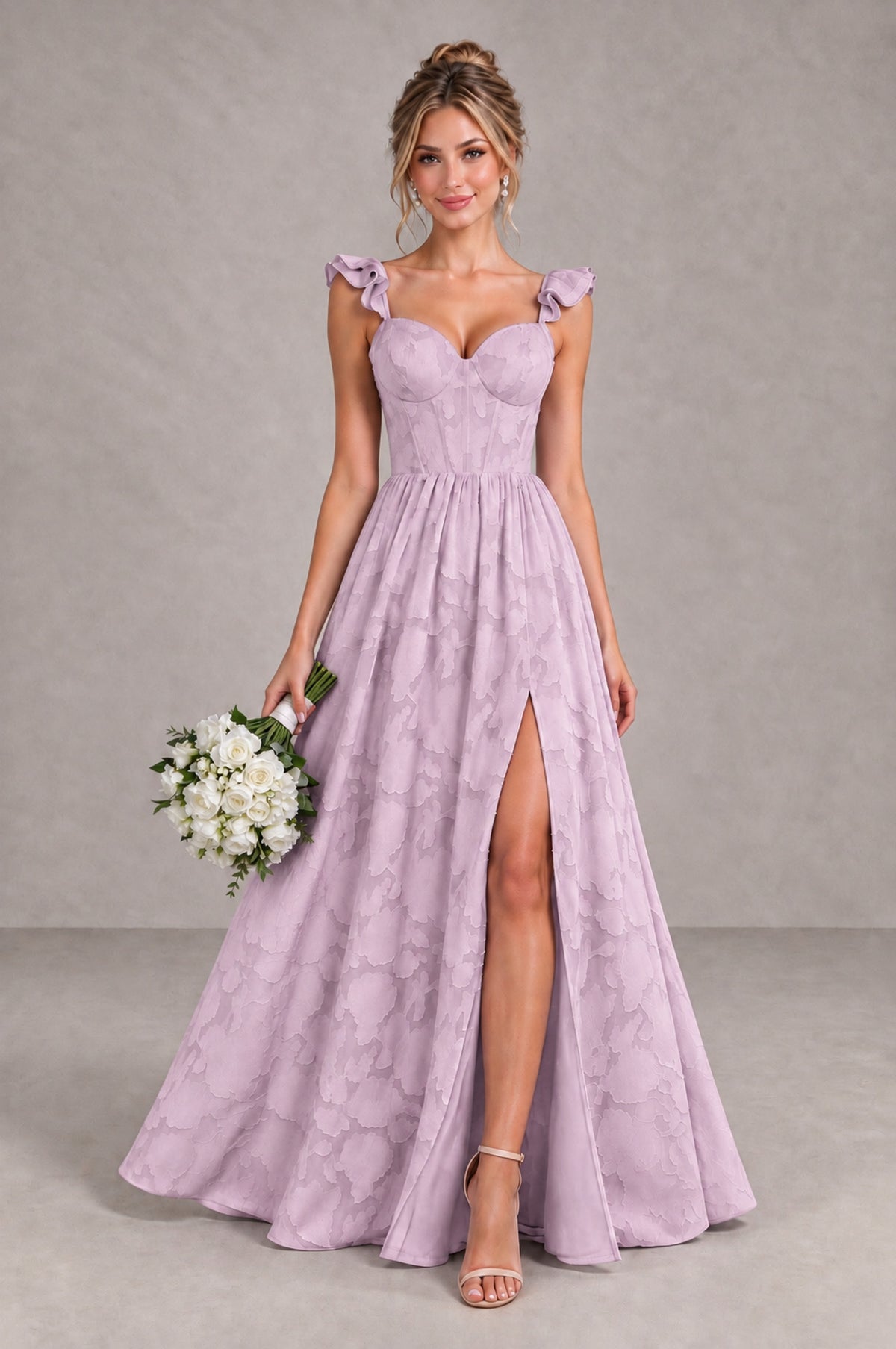BOLODOO Mauve Floral A-Line Bridesmaid Dress with Slit Ruffle Straps Maxi Gown - Mauve - Mauve_1