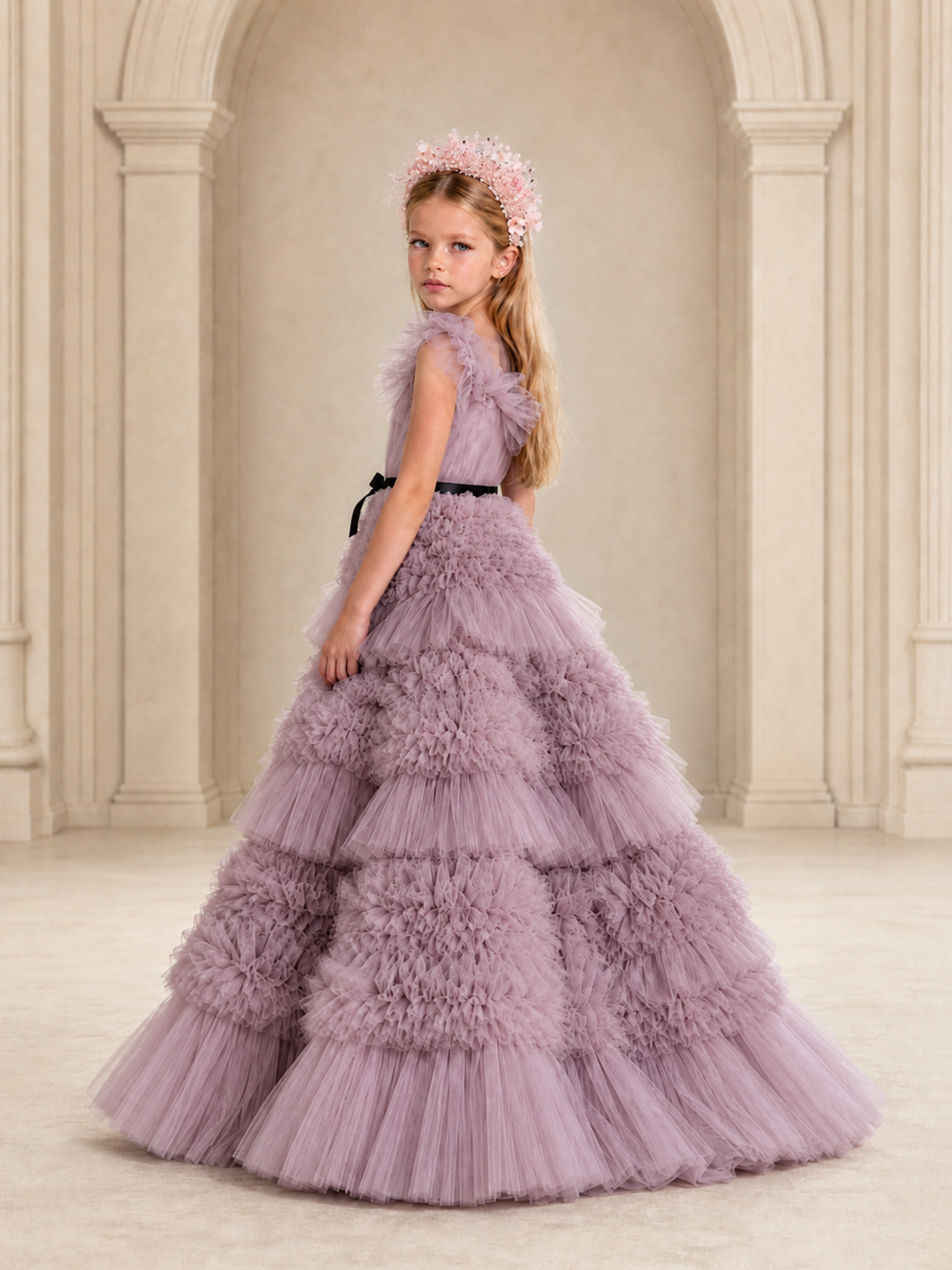 BOLODOO Mauve Tiered Tulle Flower Girl Dress with Floral Appliques - Mauve - Mauve_2