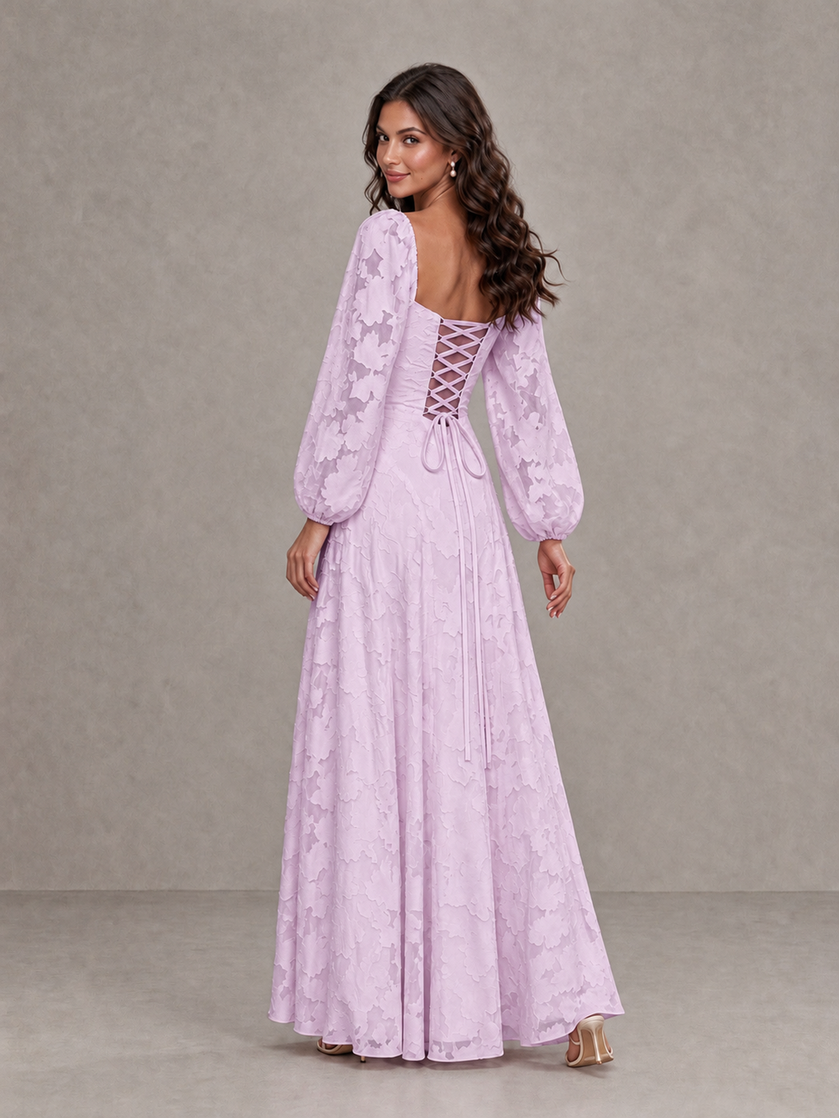 BOLODOO Mauve Floral Long Sleeve A-Line Bridesmaid Dress - Mauve - Mauve_2