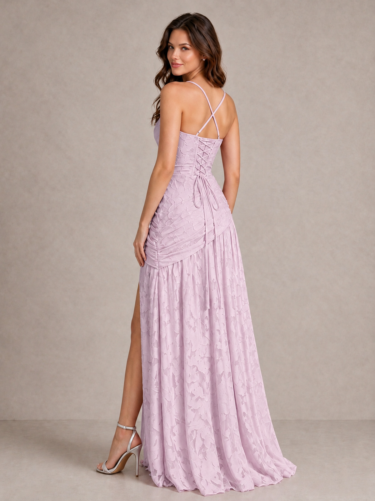 BOLODOO Mauve Floral Jacquard Bridesmaid Dress with Square Neck, Lace-Up Back & High Slit - Mauve - Mauve_2