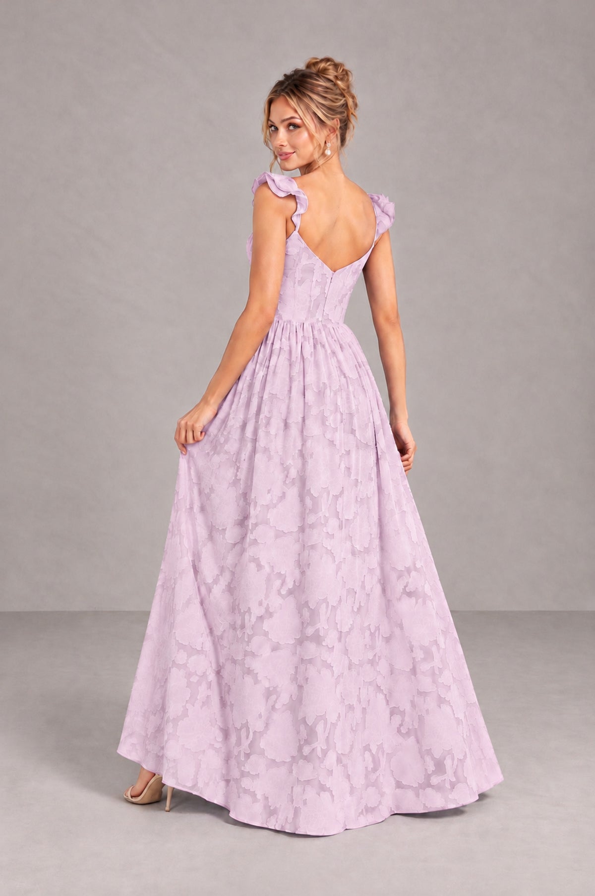 BOLODOO Mauve Floral A-Line Bridesmaid Dress with Slit Ruffle Straps Maxi Gown - Mauve - Mauve_2
