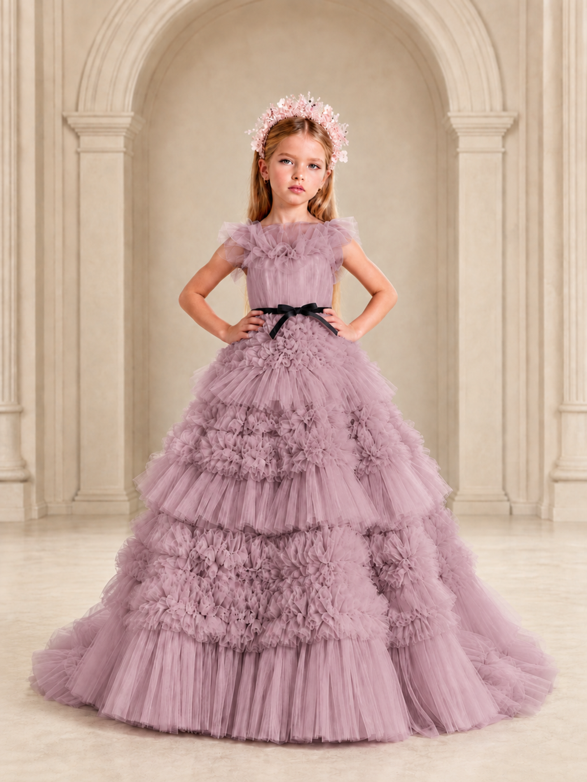 BOLODOO Mauve Tiered Tulle Flower Girl Dress with Floral Appliques - Mauve - Mauve_3