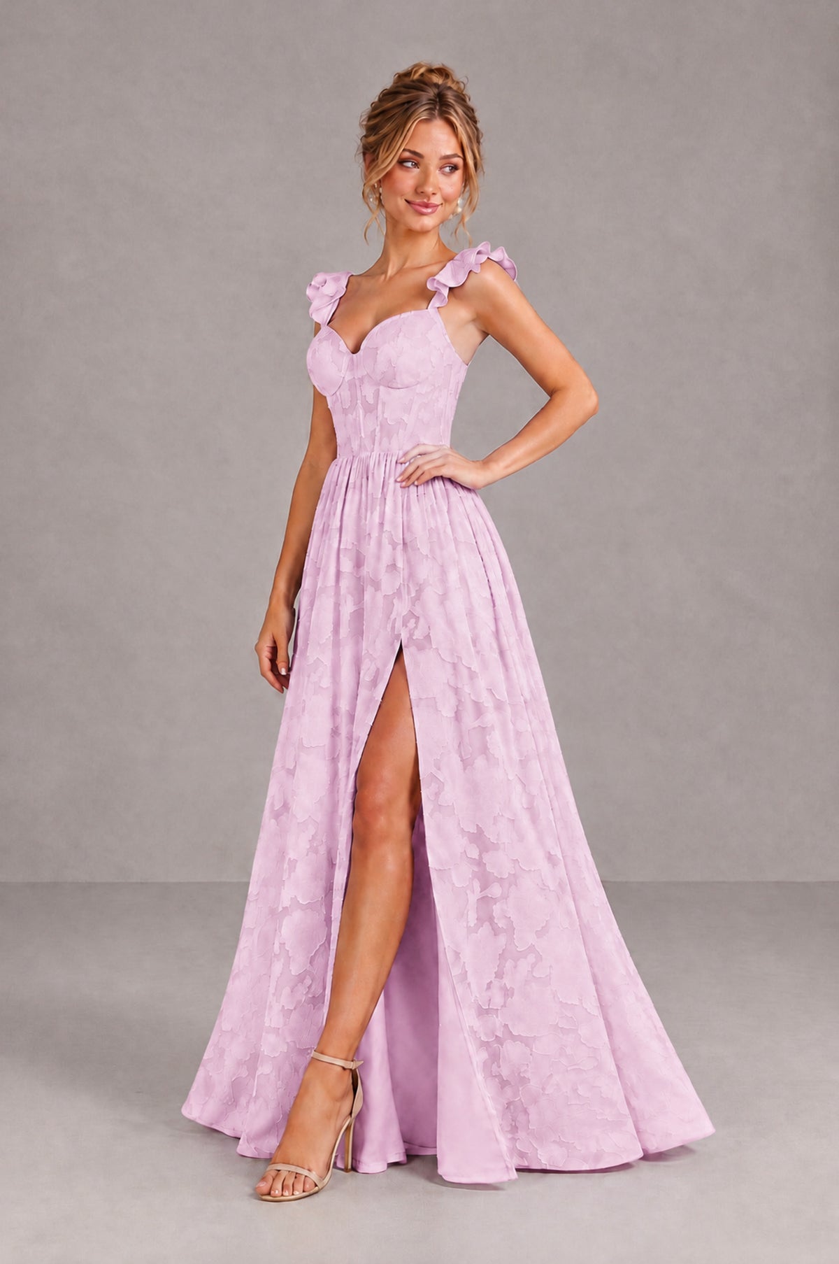 BOLODOO Mauve Floral A-Line Bridesmaid Dress with Slit Ruffle Straps Maxi Gown - Mauve - Mauve_3
