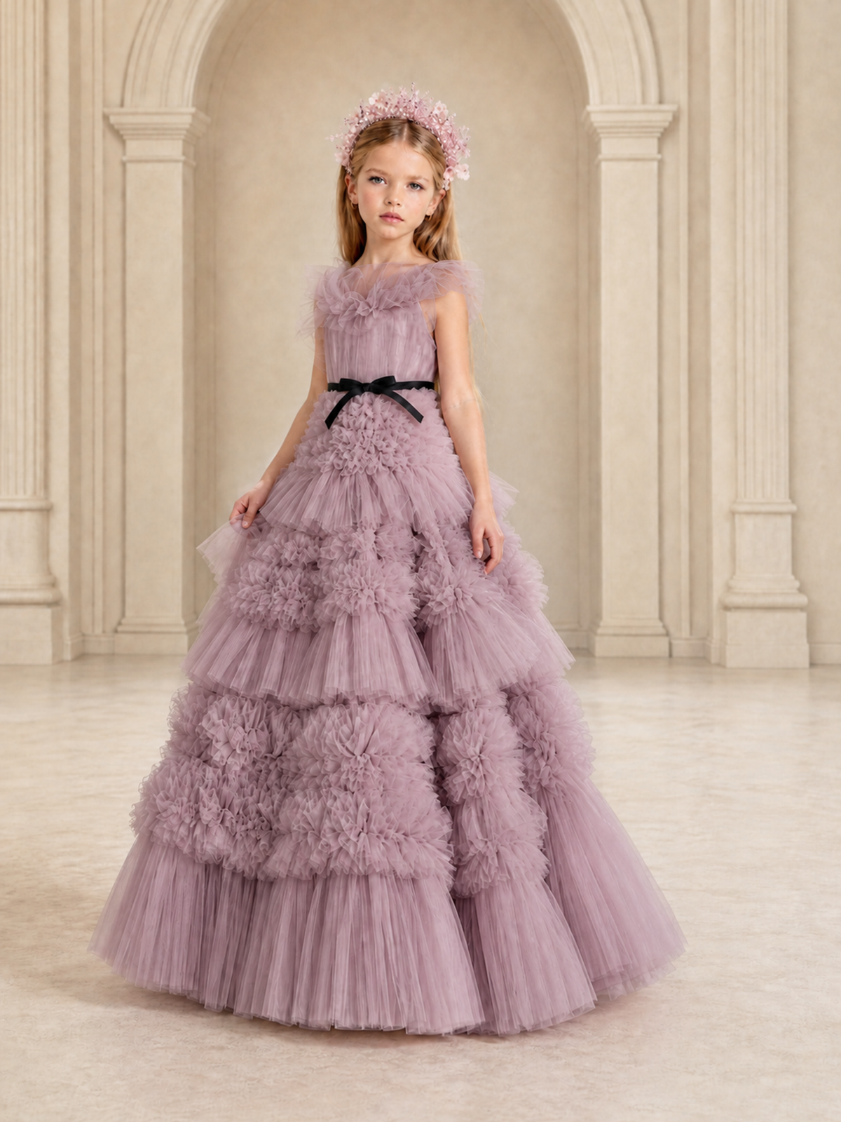 BOLODOO Mauve Tiered Tulle Flower Girl Dress with Floral Appliques - Mauve - Mauve_4